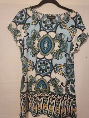 INC International Concepts Blue, Teal & White Printed Short Sleeve Blouse